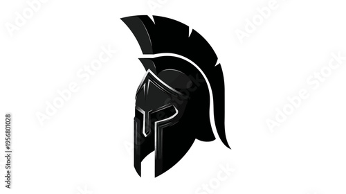 Stylized black Spartan helmet vector icon. Ancient warrior headgear illustration. Graphic design element representing strength, courage, and history.