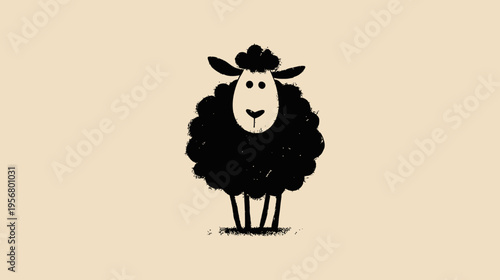 Charming black sheep illustration on a light beige background. Simple graphic farm animal design with fluffy wool texture.