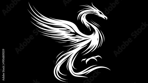 Stylized white phoenix illustration with feathered wings on black background, mythical bird, fantasy art, rebirth symbol