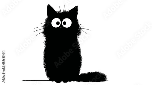 Cute fluffy black cat cartoon character with wide innocent eyes, sitting upright on a clean white background, humorous animal illustration.