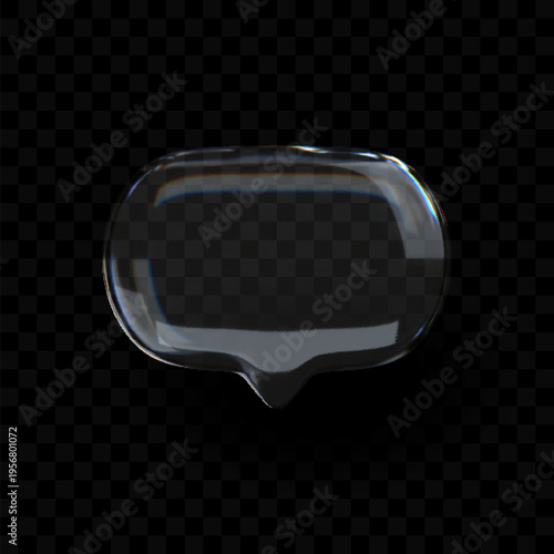 3D transparent glass chat bubble icon with refraction and holographic rainbow effect. Perfect for talk, message, or communication concepts.