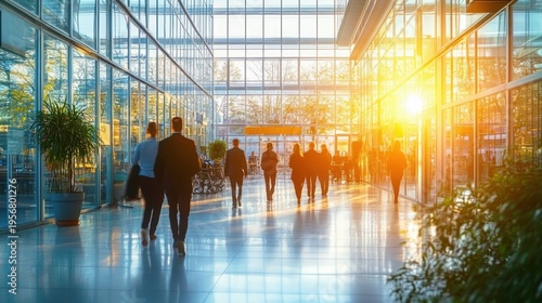 business people walking through a sunlit glass atrium with glossy reflective floors, potted plants and warm golden light creating a busy, purposeful and optimistic atmosphere