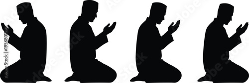 Silhouette of man praying in kneeling position, Islamic worship illustration with raised hands, spiritual devotion and religious prayer concept art