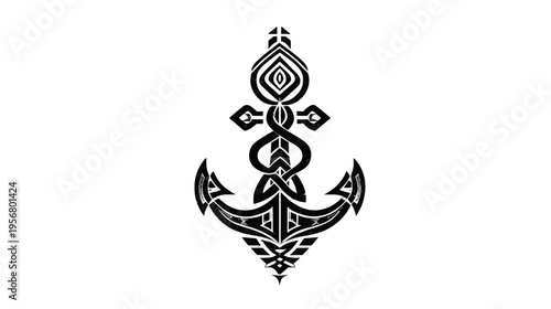 Intricate black and white stylized anchor design with tribal and ornamental patterns, symbolizing stability and strength.