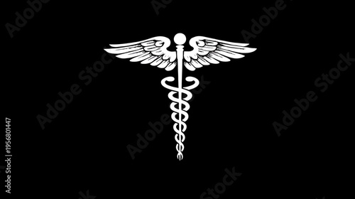 Classical Caduceus symbol with two intertwined snakes and wings, representing medicine, healthcare, healing, and wellness on black background.