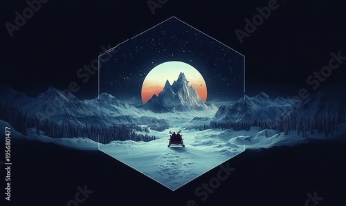 lone sleigh with reindeer crossing a snow-covered valley toward a jagged mountain under a glowing oversized moon and starry sky framed by a geometric hexagon, serene and awe-filled
