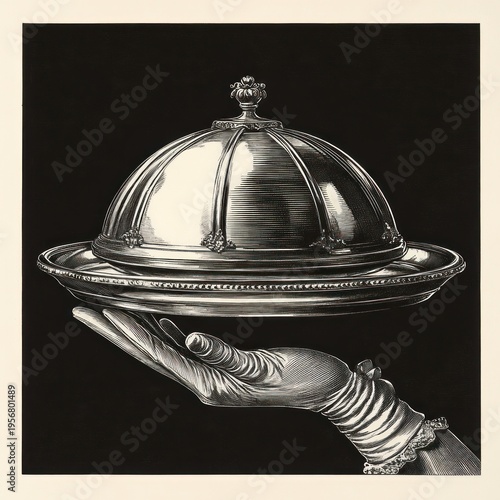 elegant gloved hand presenting an ornate covered silver serving platter, dramatic and mysterious