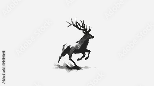 Dynamic black stag deer running with large antlers, expressive brushstroke illustration, powerful wildlife animal in motion art