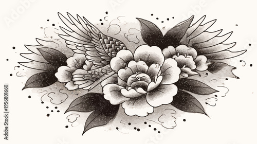 Elegant Black and White Floral Illustration with Delicate Wings, Blooming Peonies, and Decorative Leaves. Tattoo Art Concept.