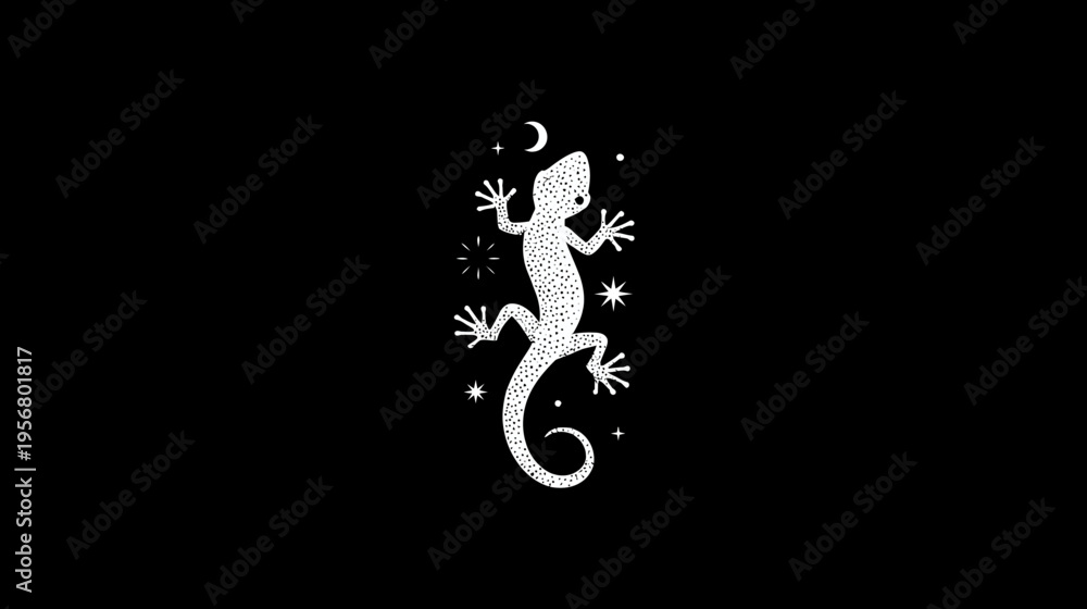Naklejka premium Stylized white gecko or lizard silhouette with crescent moon and stars on a deep black background, nocturnal illustration
