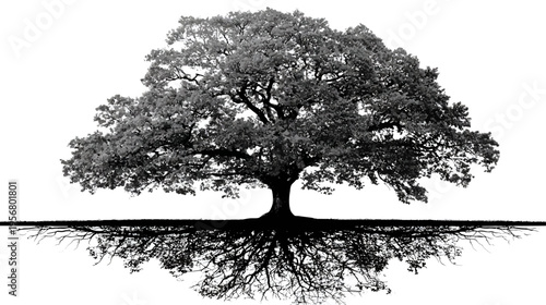 Monochrome graphic of a majestic mature tree with intricate root system and reflection, symbolizing nature, growth, and stability.