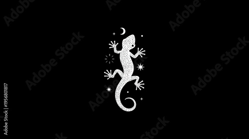 Stylized white gecko or lizard silhouette with crescent moon and stars on a deep black background, nocturnal illustration