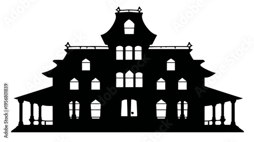Spooky Victorian Mansion Silhouette Vector Illustration. Mysterious Old Haunted House Graphic for Halloween Design.