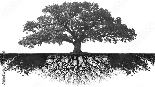 Monochrome mature tree with sprawling branches and intricate roots, symbolizing strength, growth, foundation, and connection.