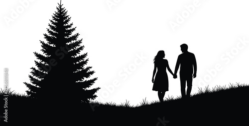 Silhouette of romantic couple walking hand in hand near pine tree on grassy hillside, peaceful outdoor nature scene perfect for artwork and illustration