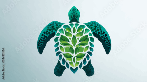 Green sea turtle illustration with leaf shell design, symbolizing nature, conservation, and environmental protection.