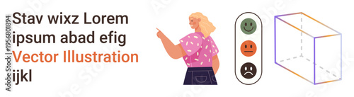 Emotion analysis, education, behavioral studies, teaching tools, learning models, mood evaluation. Woman pointing to an emotional scale and geometric diagram. Emotion analysis and education concept