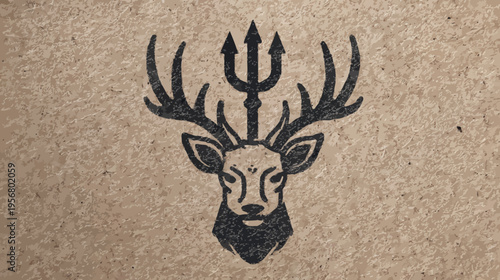 Rustic deer head illustration with antlers and a trident symbol on vintage textured paper. Nature and mythological animal design.
