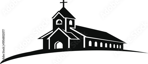 Silhouette of traditional church building on hill, religious architecture illustration, chapel with cross and bell tower, worship place graphic design