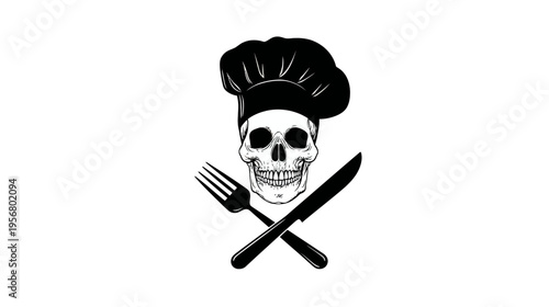 Gourmet Skull Chef with Toque Hat, Crossed Fork and Knife Illustration. Black and White Vector Graphic for Culinary Design.