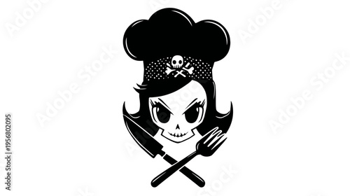 Edgy Goth Skull Chef Girl Mascot with Crossed Knife and Fork. Dark Culinary Character, Black and White Stylized Illustration