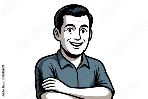 Smiling man with arms crossed in comic book style