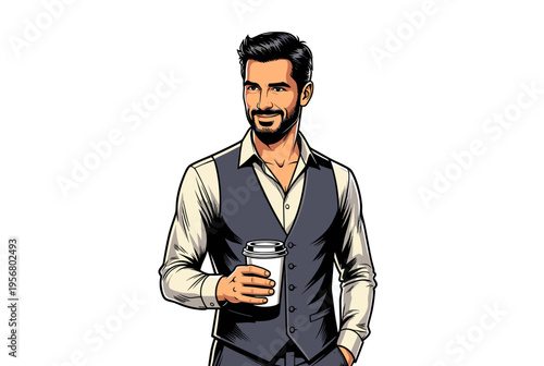 Stylish man in vest holding a disposable coffee cup