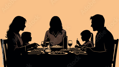 Family Dinner Silhouette Vector, Parents and Children Eating at Dining Table, Healthy Mealtime and Bonding Concept, Minimalist Home Life Illustration Isolated on Peach Background