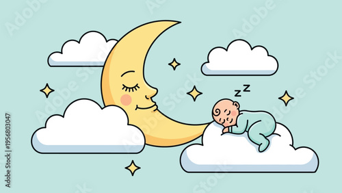 Cute Baby Sleeping on Cloud Vector, Smiling Moon and Stars in Night Sky Illustration, Sweet Dreams and Bedtime Lullaby Concept for Nursery Art, Flat Cartoon Design on Light Blue Background