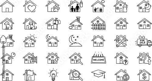 Hand Drawn House and Home Icons Set - Real Estate and Property Related Doodle Collection with Family, Pets, Sale, Rent, and Repair Concepts