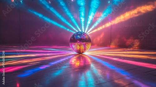 Colorful Disco Ball with Vibrant Light Rays in a Dark Room