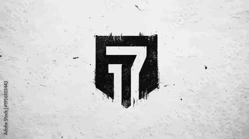 Modern Abstract Distressed Number Seven Inside a Shield Shape on a Textured White Background, Grungy Graphic Element