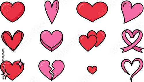 Twelve unique heart icon collection with love symbols, broken hearts, ribbons, and romantic shapes for valentines cards, wedding stationery, stickers, and affection themed design
