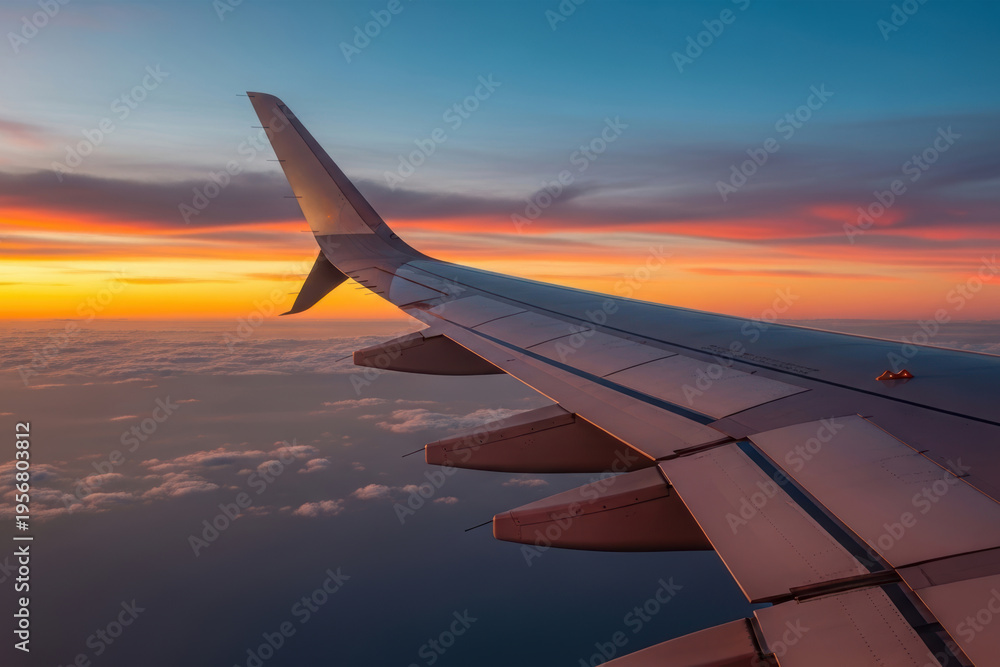 Obraz premium Airplane Wing View from Window Seat Flying Above Clouds at Colorful Sunset Sky