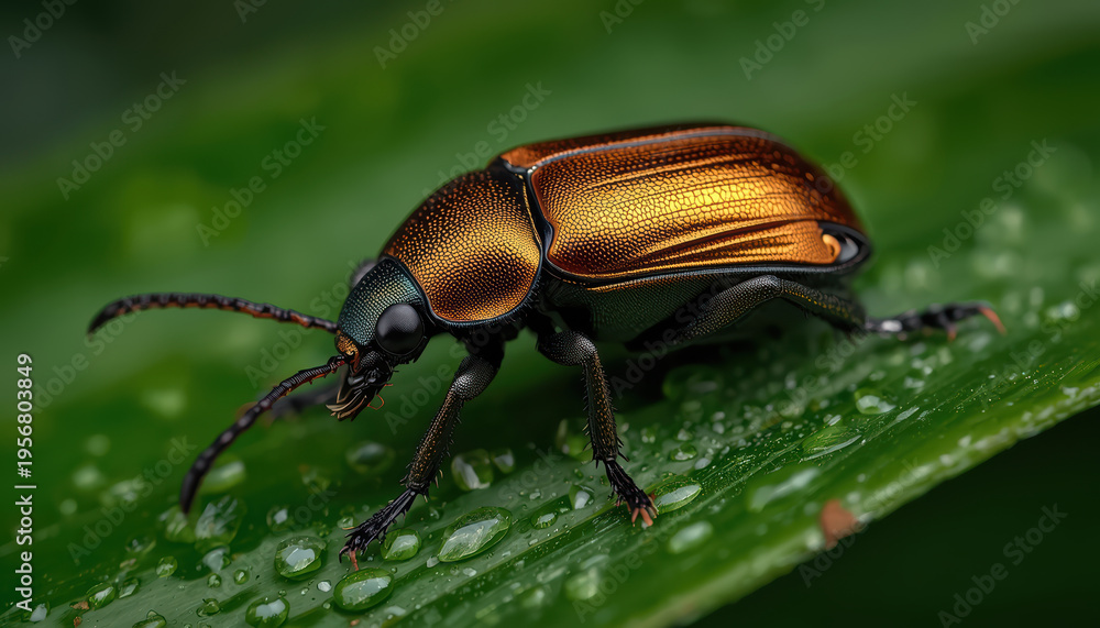 Fototapeta premium Metallic bronze beetle wet green leaf, close up macro showing reflective shell and delicate legs