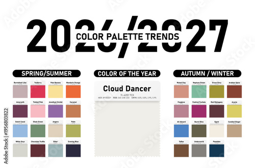2026 - 2027 fashion trends color palette isolated on transparent background. Palette fashion colors guide with names, CMYK, RGB, HEX colors. Vector PNG