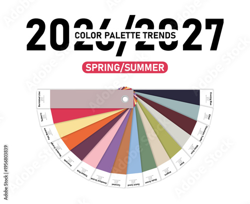 Round spring and summer 2026 fashion trends color palette isolated on transparent background. Palette fashion colors guide with names, CMYK, RGB, HEX colors. Vector PNG