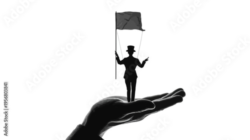 Silhouette of a hand holding a puppet person with strings and a flag, symbolizing control, manipulation, and power dynamics
