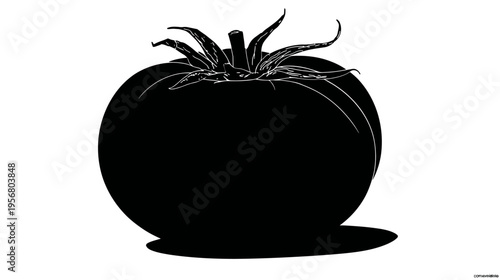 Black silhouette of a fresh ripe tomato with stem, isolated on a white background, healthy food ingredient
