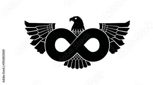 Stylized black eagle with infinity symbol body and outstretched wings, a powerful graphic design on white background, concept of freedom and eternity