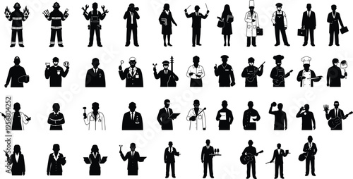 Silhouette people professions icons set business workers characters collection isolated on white background career occupations teamwork diversity illustration concept design