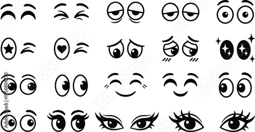 Twenty unique cartoon eye icon set with cute facial expressions, lashes, brows, playful emotions, and expressive kawaii eye elements for characters, stickers, and comics