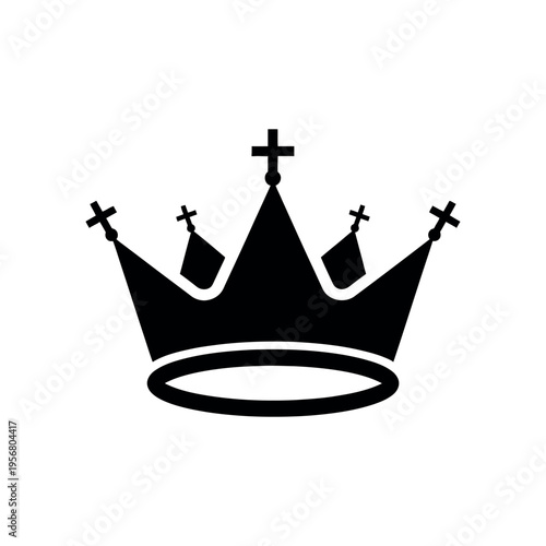 Royal Crown Icon Vector, Black Silhouette King or Queen Tiara with Crosses, Monarch Symbol for Luxury Branding and Heraldry, Flat Minimalist Imperial Headpiece Isolated on White