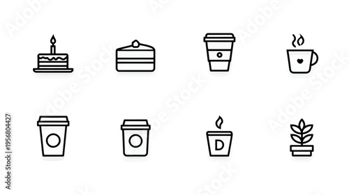 Minimalist bakery and coffee shop line art icons set: cakes, coffee cups, steaming mugs, desserts, and plant illustration