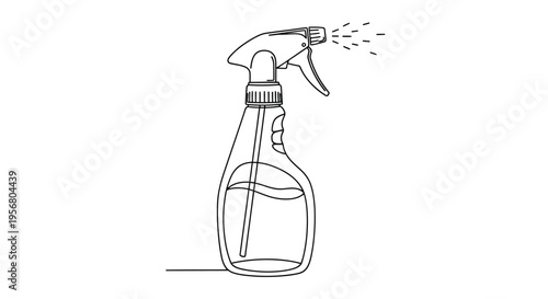Continuous line drawing vector illustration of a domestic cleaning spray bottle dispensing fluid, symbolizing hygiene, freshness, and household chores with a minimalist graphic design aesthetic.