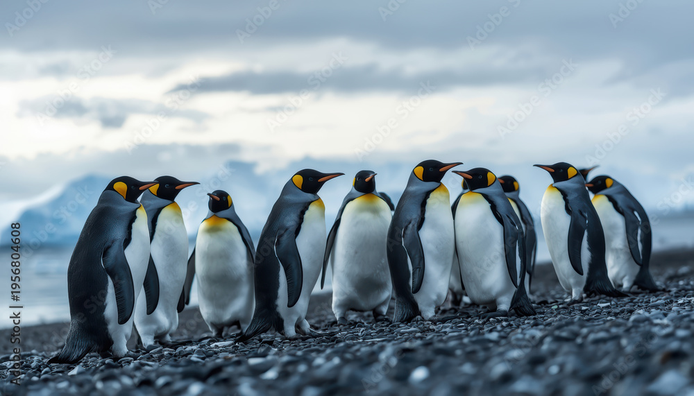 Obraz premium King penguin penguin shoreline pebble beach colony Antarctic cold overcast sky