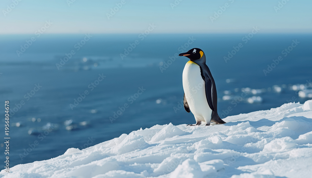 Fototapeta premium Emperor penguin standing on snowy ridge overlooking ocean, serene cold landscape