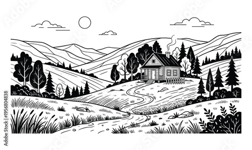 Log cabin in a hilly landscape with trees, river, and sun, line drawing