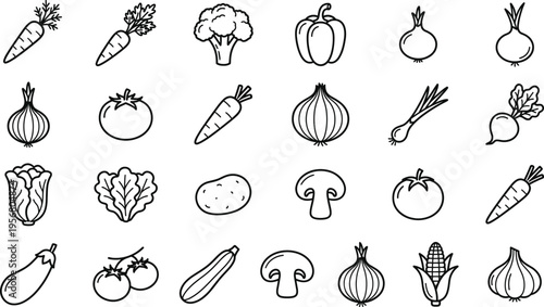 Vegetable outline icon set with carrot broccoli onion tomato mushroom corn garlic eggplant healthy food line illustration collection