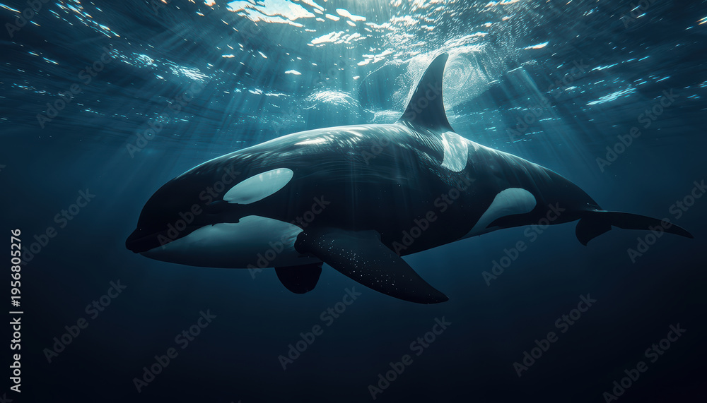 Fototapeta premium Majestic orca swimming beneath sunlit ocean surface with calm mood